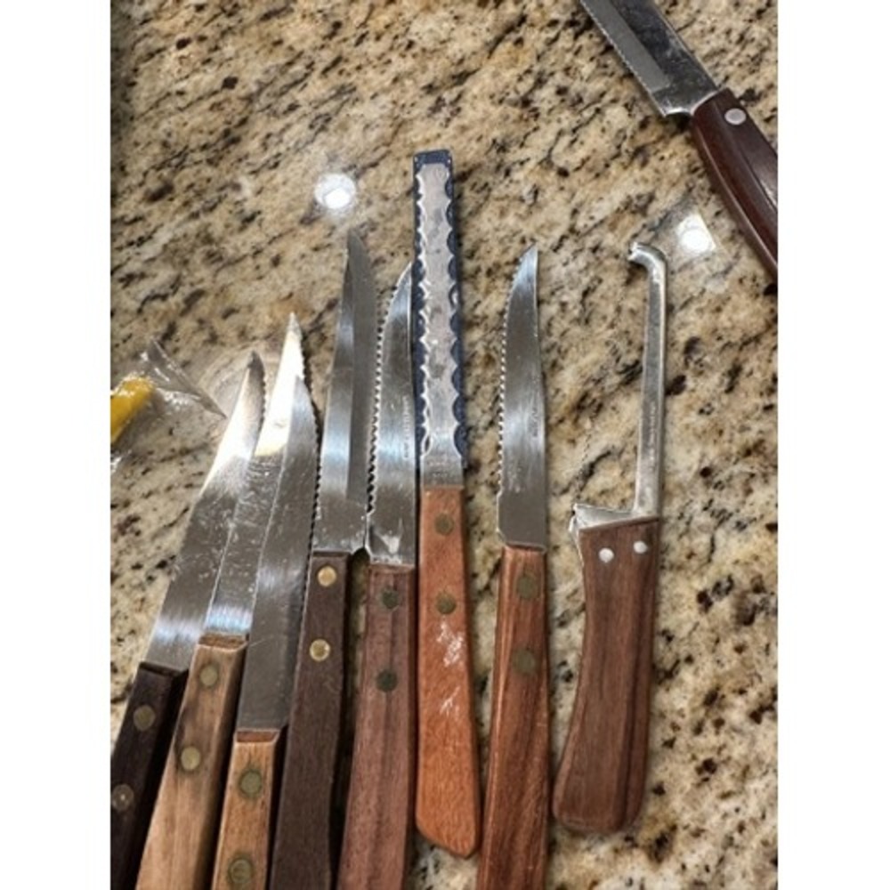 8 pc Vintage Stainless Steel Steak, Cheese, Grapefruit Knives Wood Handles Japan